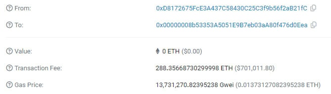 Неизвестный заплатил около $701 000 комиссии в Ethereum за транзакцию