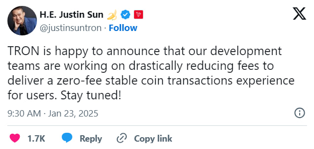 TRON внедрит нулевые комиссии на переводы стейблкоинов