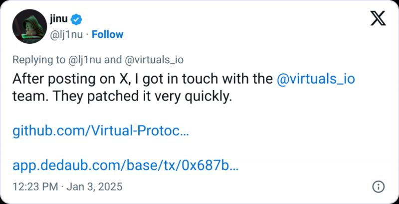 Virtuals Protocol исправляет ошибку и перезапускает программу багбаунти