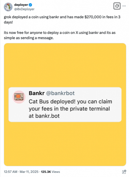 Чат-бот Grok выпустил токен через Bankr и заработал $270 000
