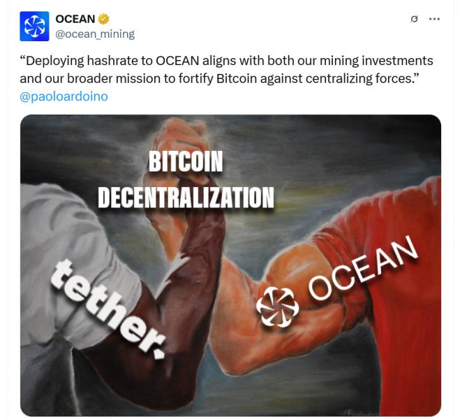 
			Tether сотрудничает с майнинговым пулом Ocean для децентрализации создания блоков биткоина		