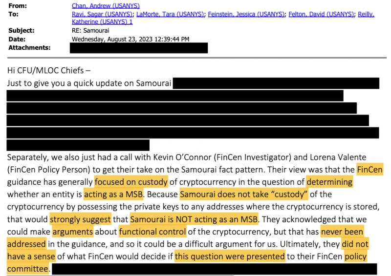 Samourai Wallet утверждает, что федералы скрывали информацию, что криптомиксеру не нужна лицензия