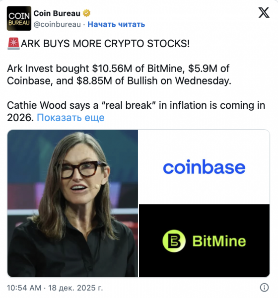 Убытки BitMine от Ethereum и новые инвестиции Ark Invest